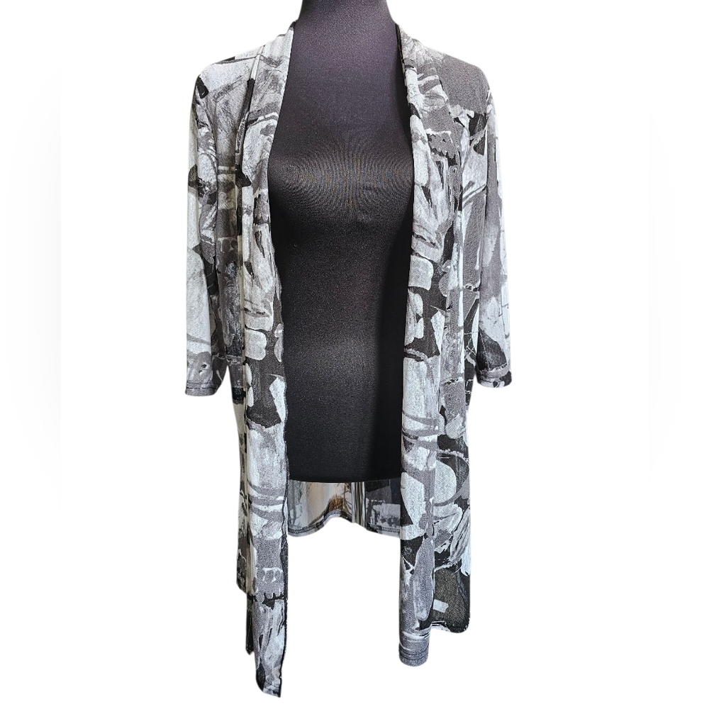 CREATION 3/4 Sleeve Black & Gray Open Front Cover Up Cardigan Size XL NWT